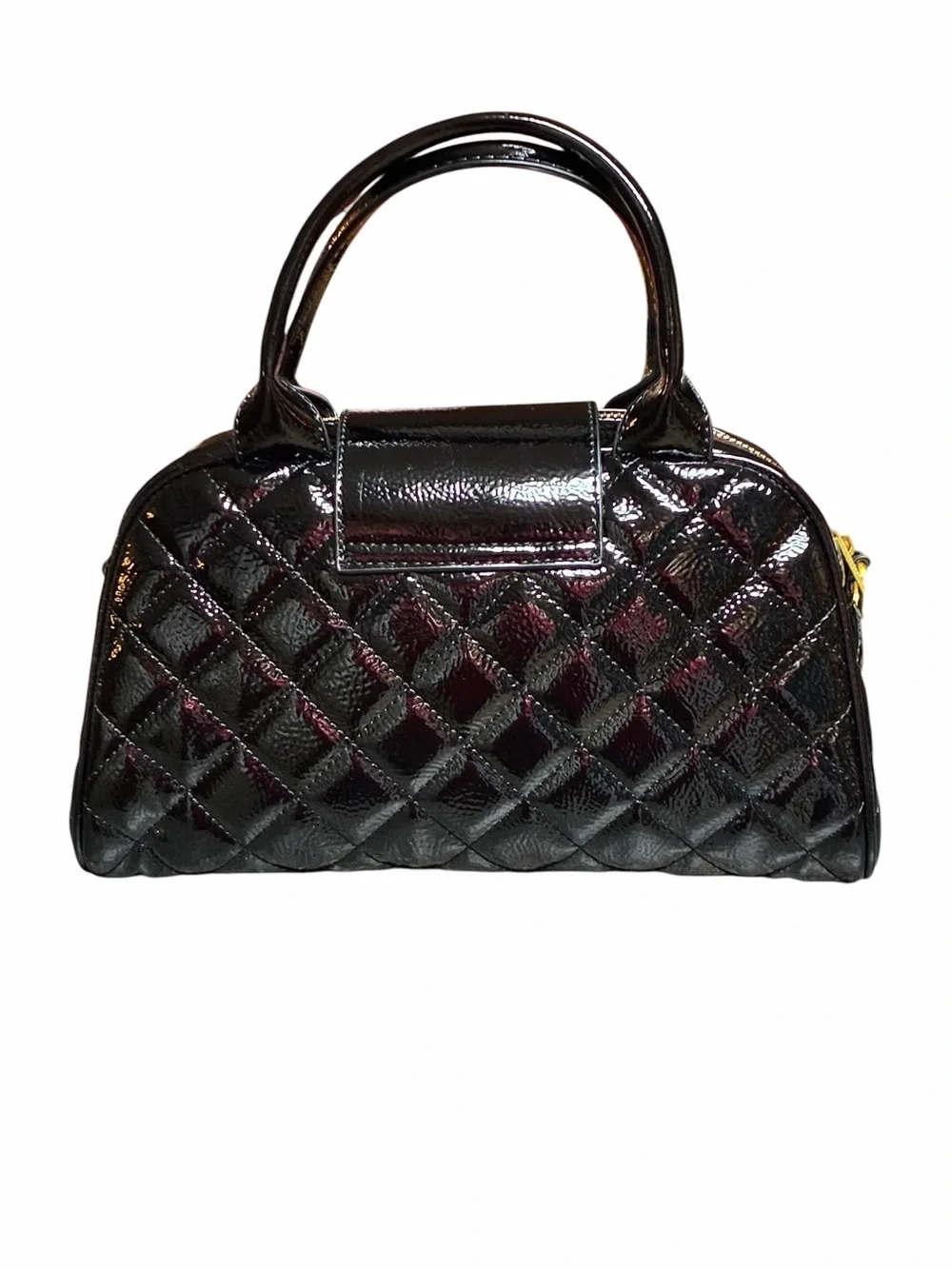 Double C Black Patent Leather Bowler Bag Giant Gold - Tone Metal Logo With Strap